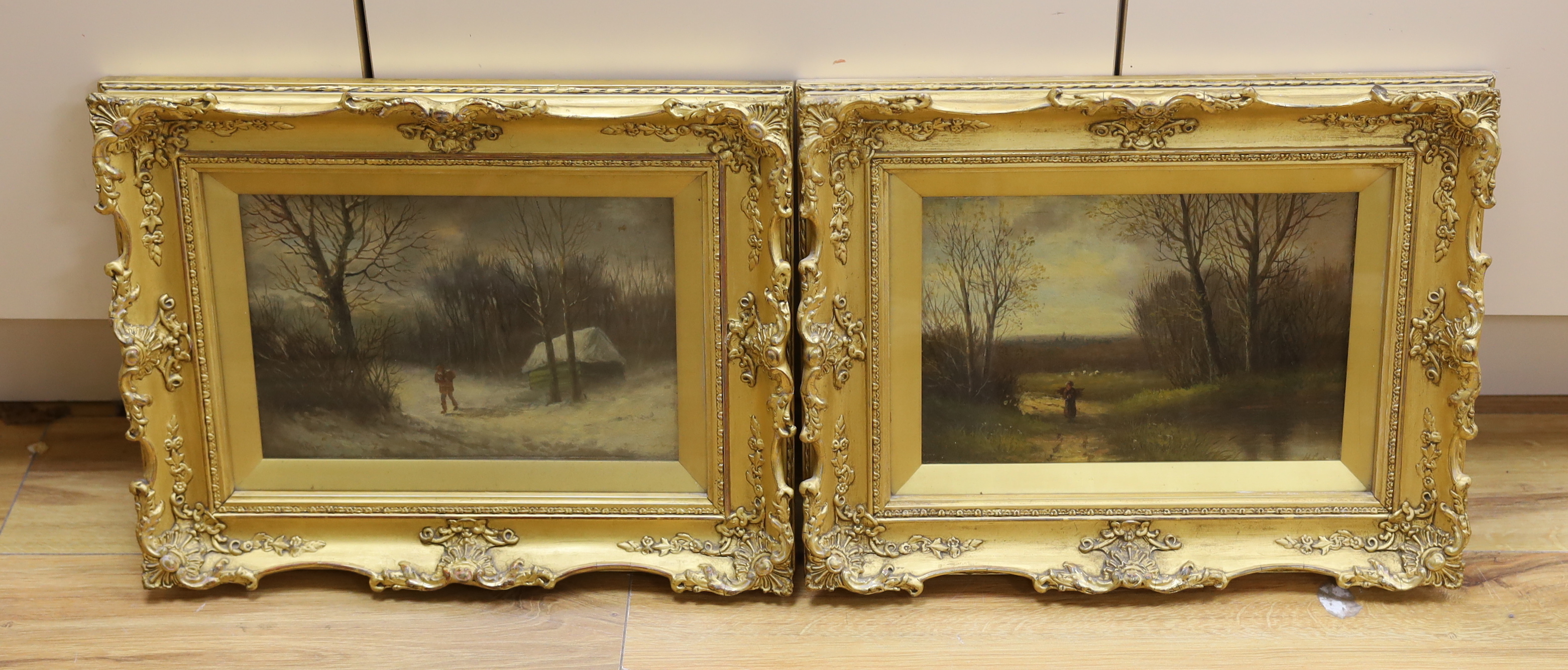 H.Cox (19th. C), pair of oils on canvas, Rural landscapes with figures on pathways, each signed, 19 x 29cm, ornate gilt frames